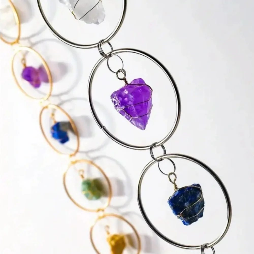 Golden or Copper Multi-Color Gemstone 7 Chakra Wall Hanging